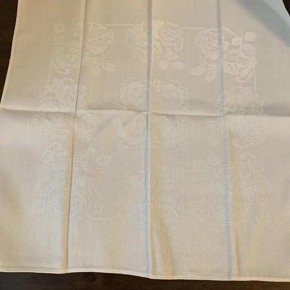 8 Floral Satin Brocade Dinner Napkins, Ivory Linen With Stitched Edge